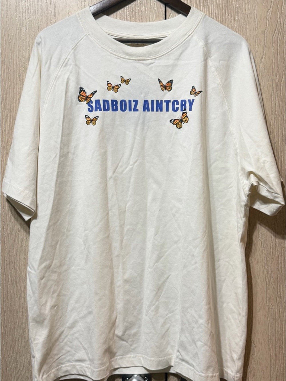 Sadboiz Aint Cry Graphic Tee Butterfly Shirt Cream Oversized Streetwear Unisex